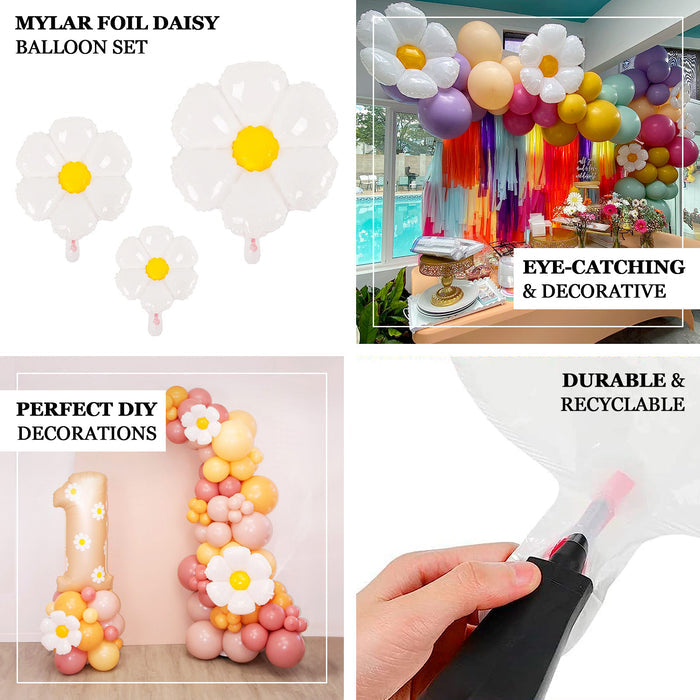 White daisy flower-shaped mylar foil balloons set for party decorations.