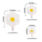 White daisy flower-shaped mylar foil balloons in assorted sizes.