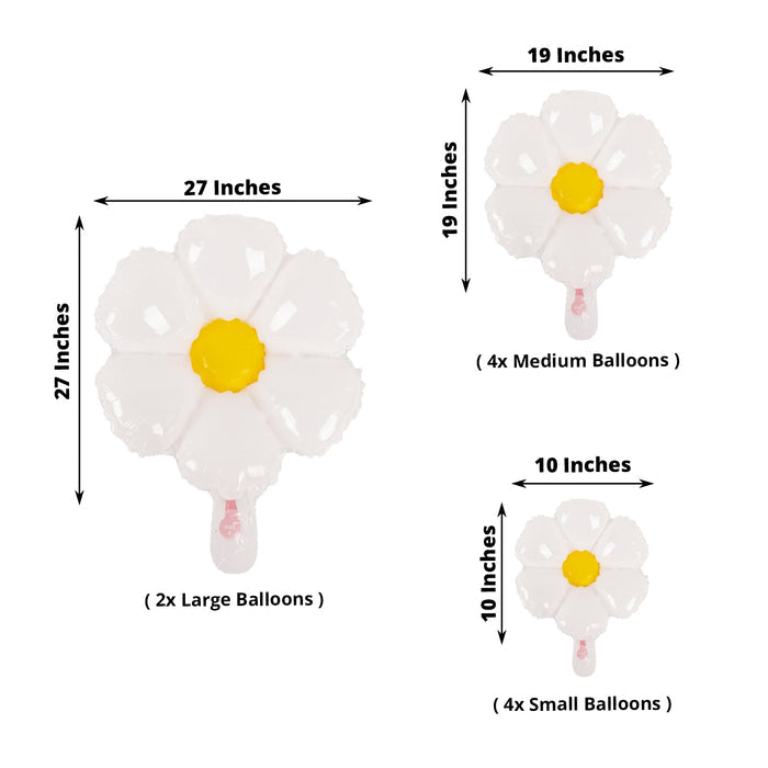 White daisy flower-shaped mylar foil balloons in assorted sizes.
