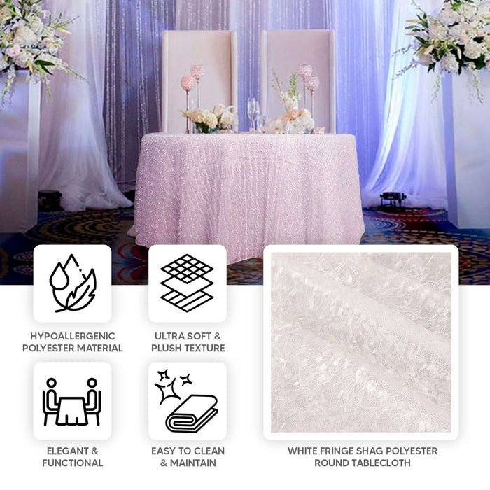 120" White Fringe Shag Polyester Round Tablecloth