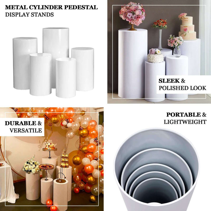 White metal cylinder pillar stands for wedding aisle display, sleek and polished.