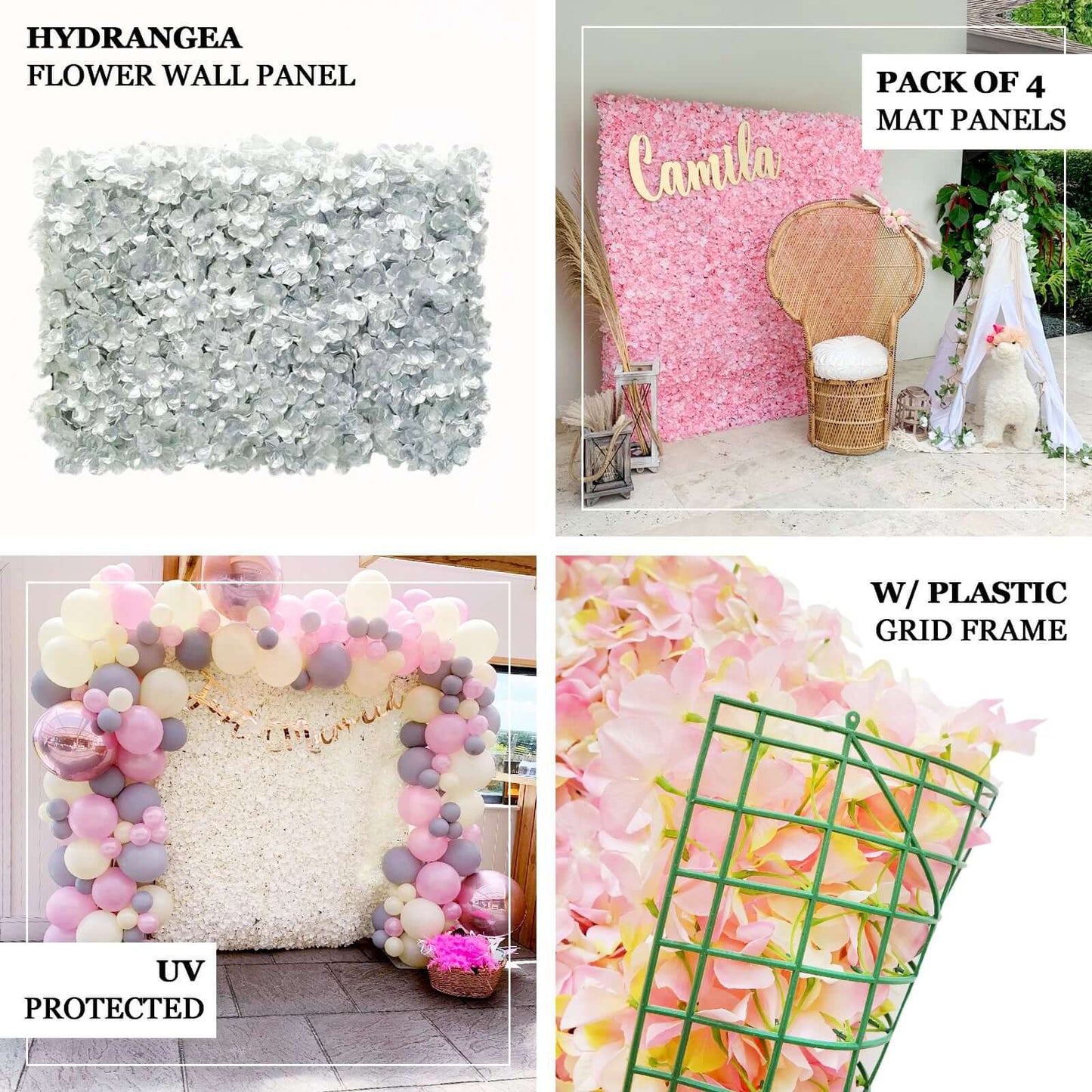 11 Sq ft. Dusty Blue UV Protected Hydrangea Flower Wall Mat Backdrop - 4 Artificial Panels
