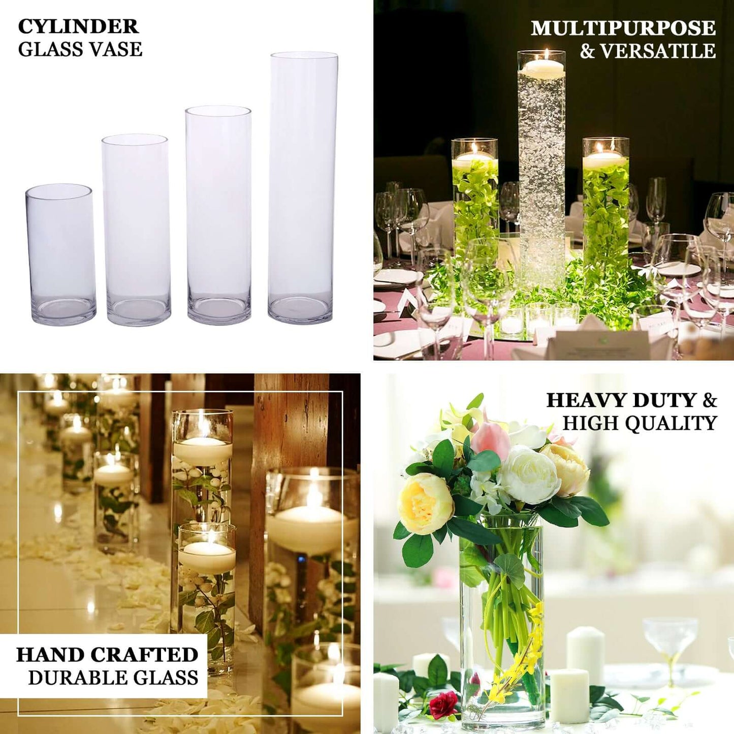 Premium Glass Cylinder Vase Set of 3 – Clear Vases for Flowers, Candles & Table Centerpieces – 6", 8", 12"