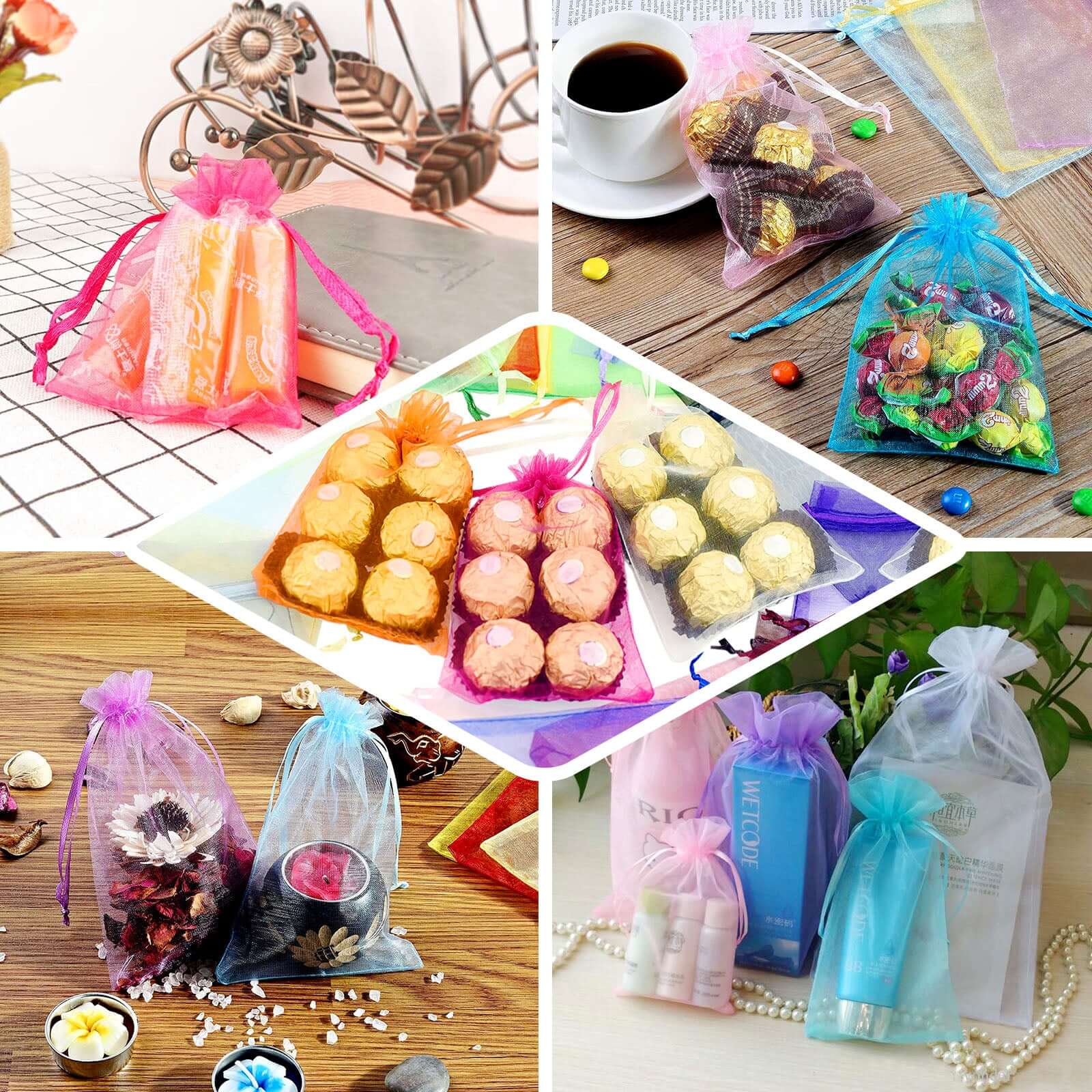 Royal blue organza gift bags with drawstring, perfect for party favors.