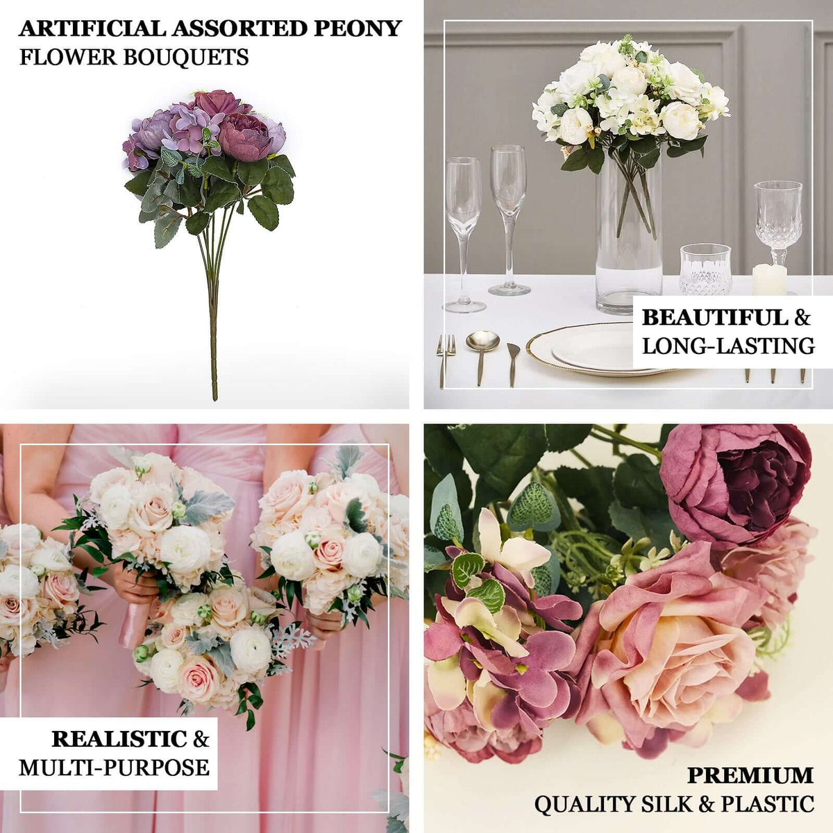 2 Pack Artificial Rose & Peony Floral Arrangements – 12" Natural Silk Bouquets for Weddings & Home D