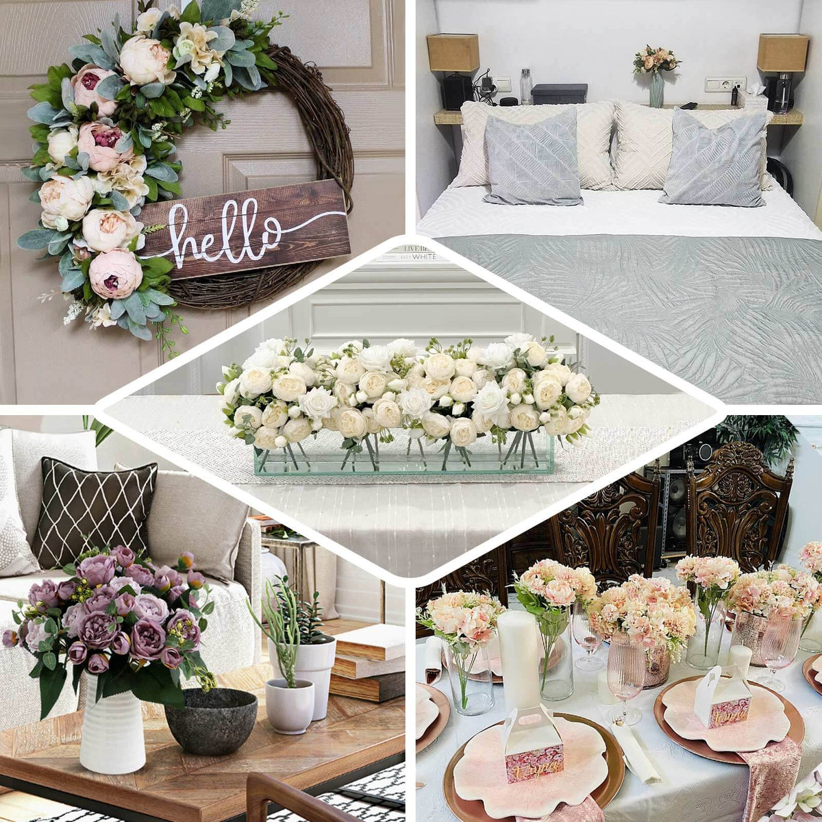 2 Pack Artificial Rose & Peony Floral Arrangements – 12" Natural Silk Bouquets for Weddings & Home D