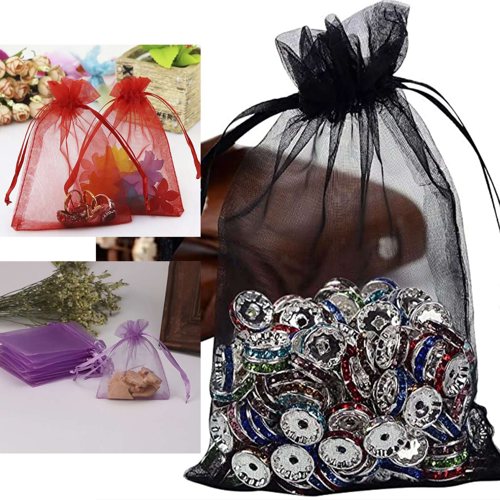 Black organza gift bags, 5" x 7", perfect for wedding favors or party gifts.