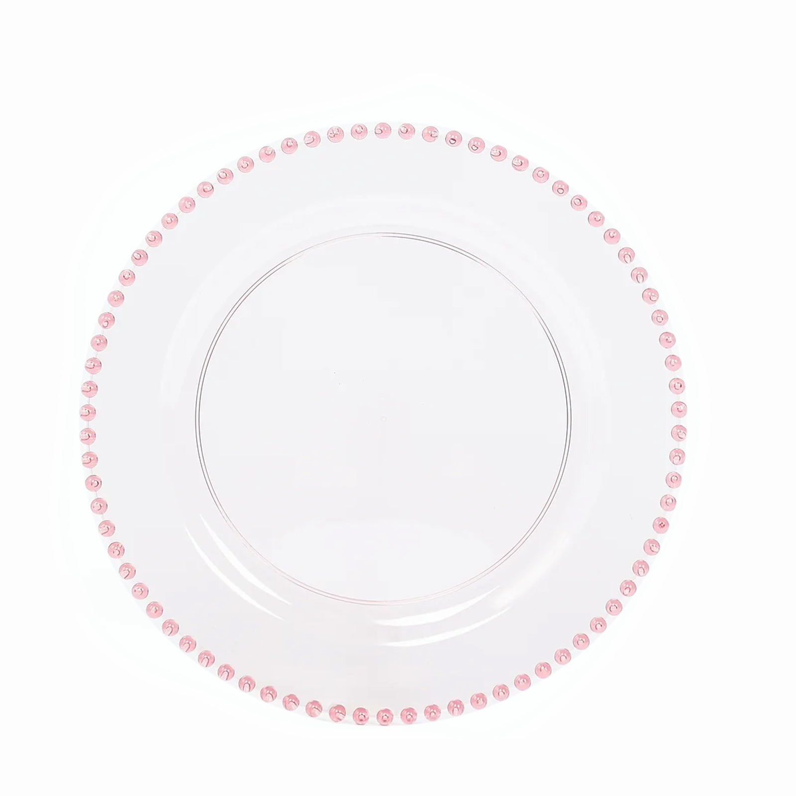 Transparent blush round dinner plate with beaded rim.