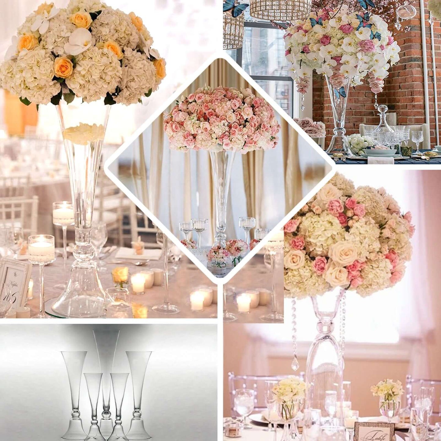 Set of 2 Glass Trumpet Vases Reversible Clarinet Style Clear - Decorative Flower Centerpieces for Events 30"