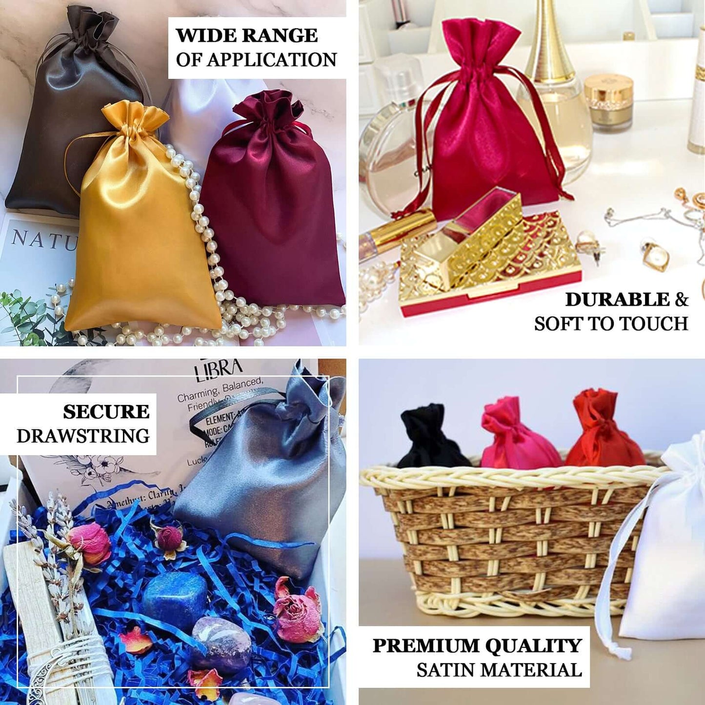 Champagne satin drawstring bags for weddings and parties, 60-pack, 5"x7".