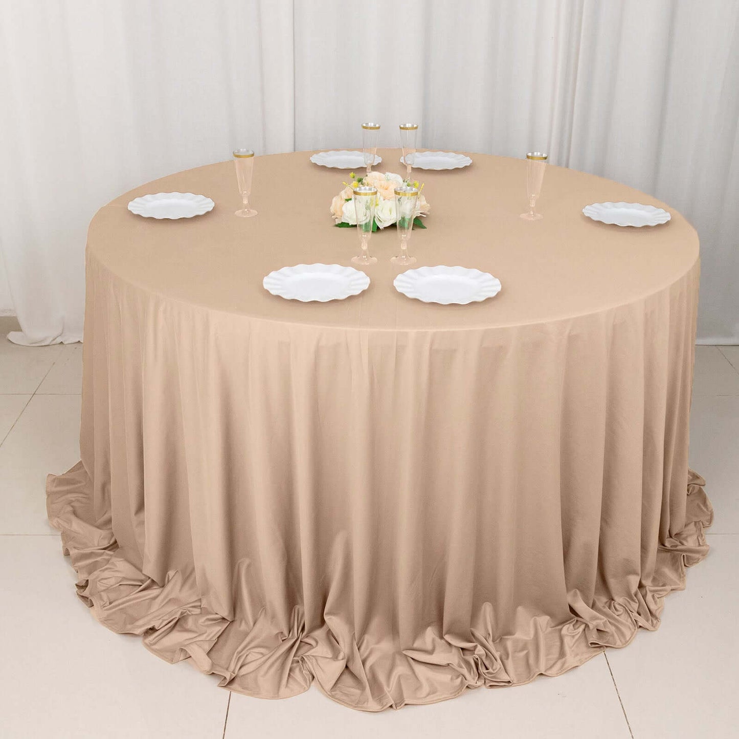 132" Nude Scuba Wrinkle Free Round Tablecloth, Seamless Scuba Polyester Tablecloth