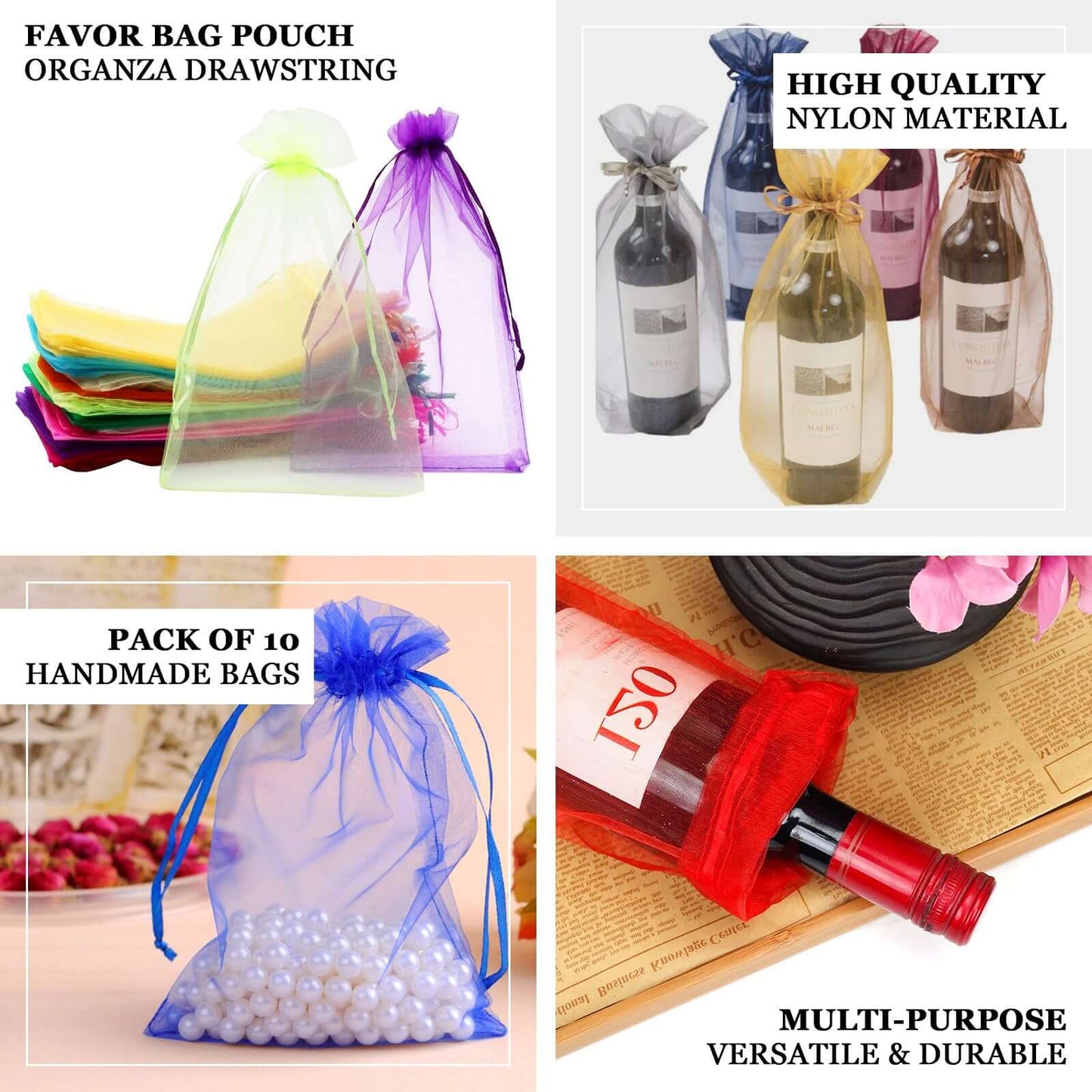 Black organza wine gift bags with drawstring, 100 pack, 6" x 15".
