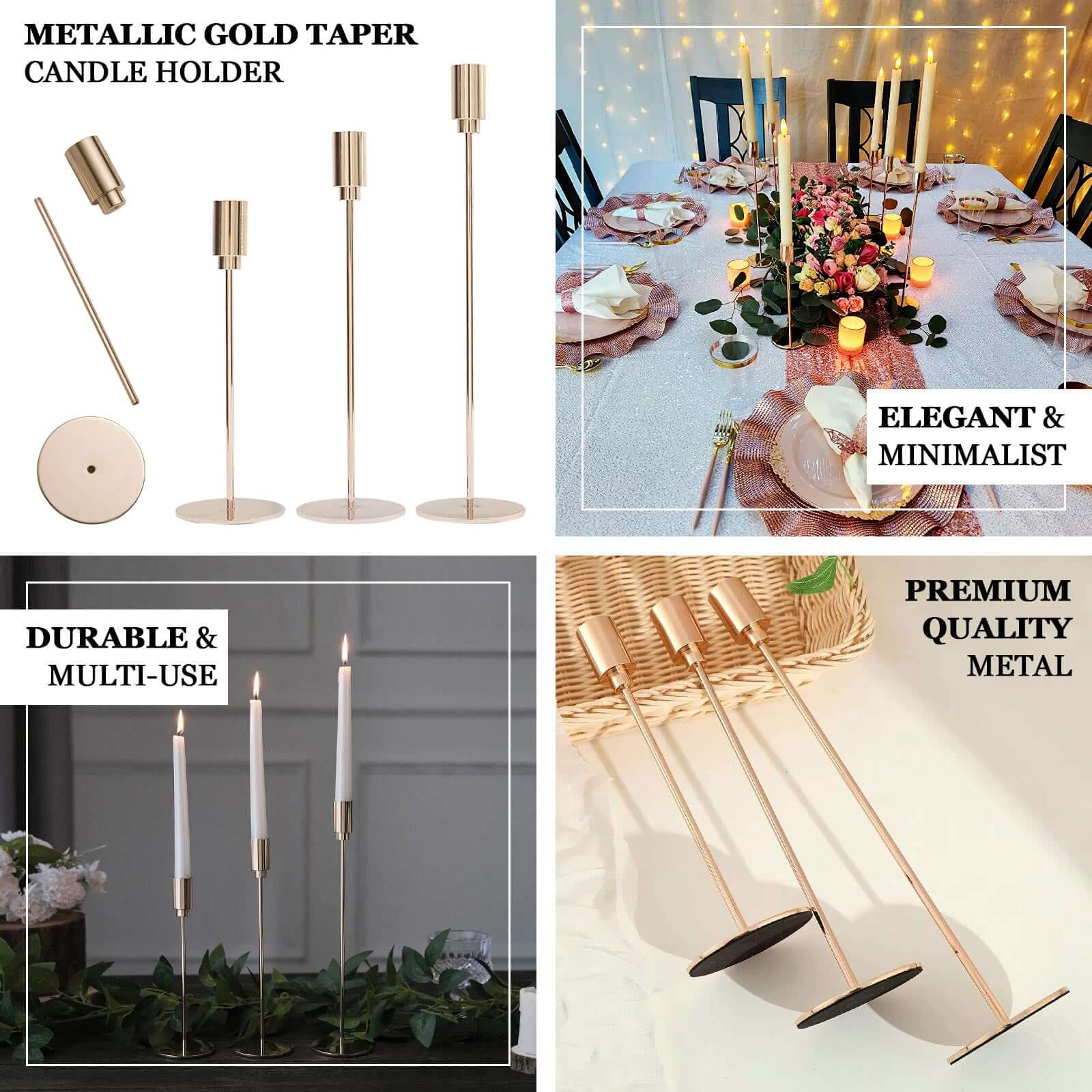 Gold metal candle stand set designed to complement modern, classic, and glamorous décor themes