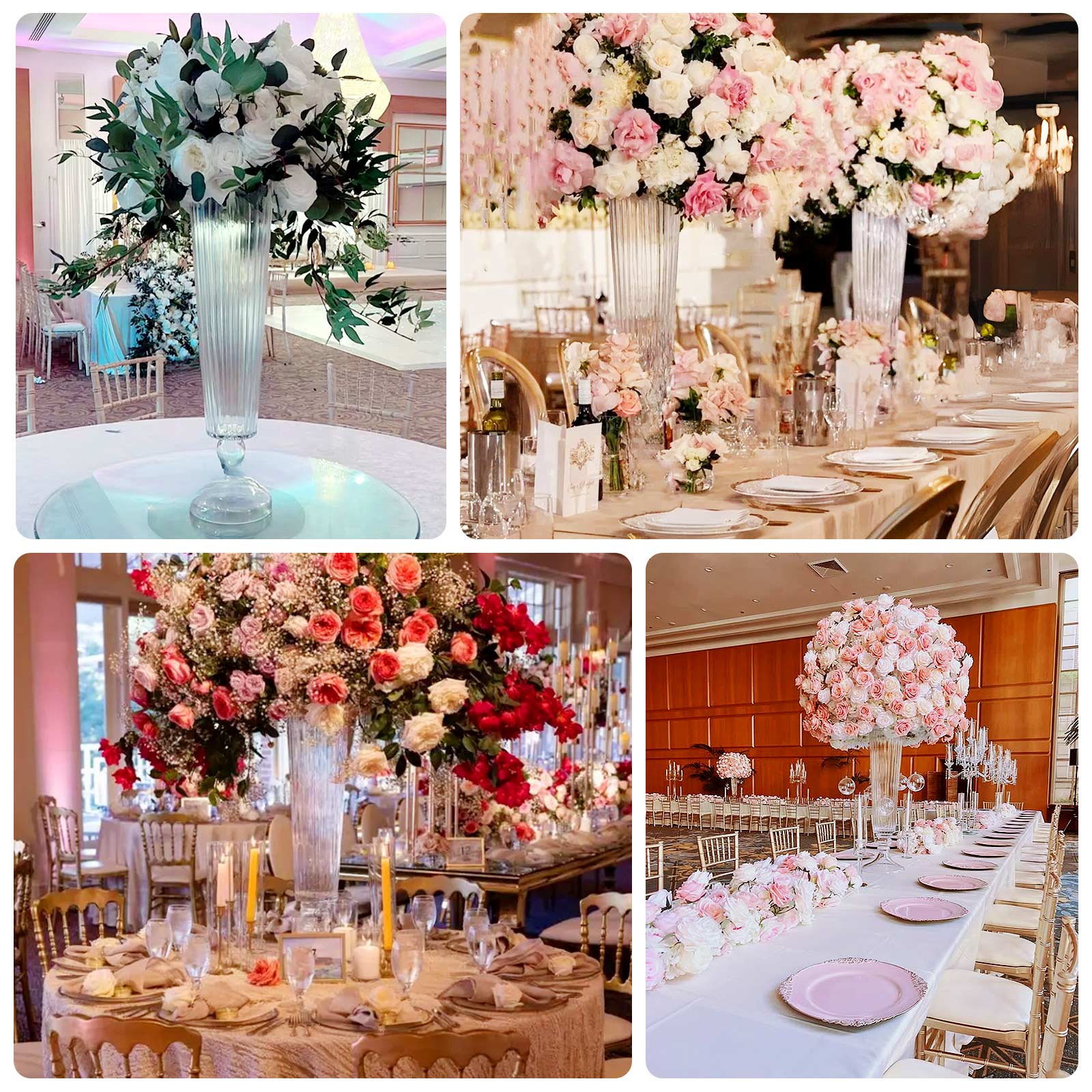 Clear ribbed glass trumpet vases for elegant flower centerpieces.