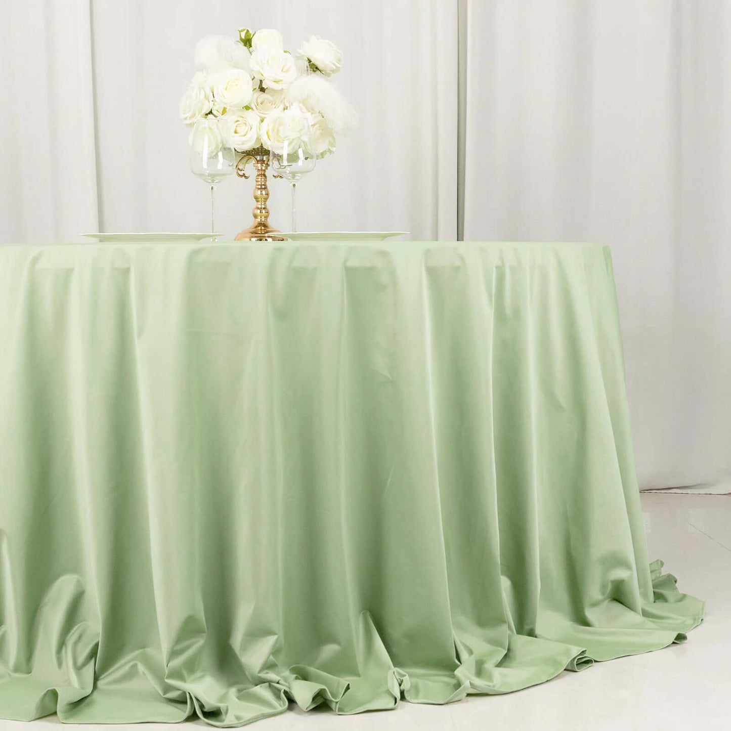 132" Sage Green Scuba Wrinkle Free Round Tablecloth, Seamless Scuba Polyester Tablecloth