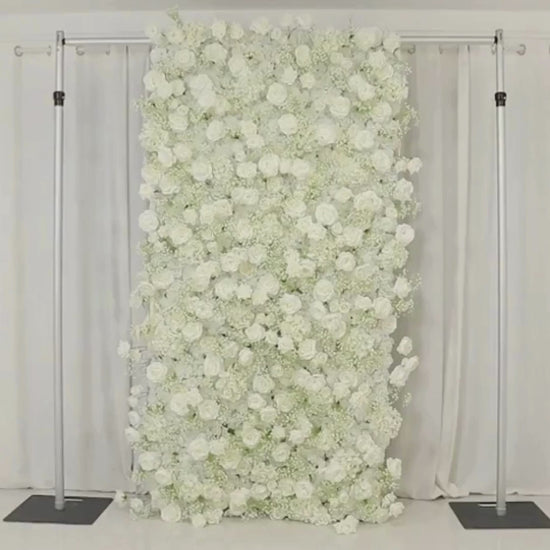 White silk roses and baby's breath artificial flower wall panel backdrop.