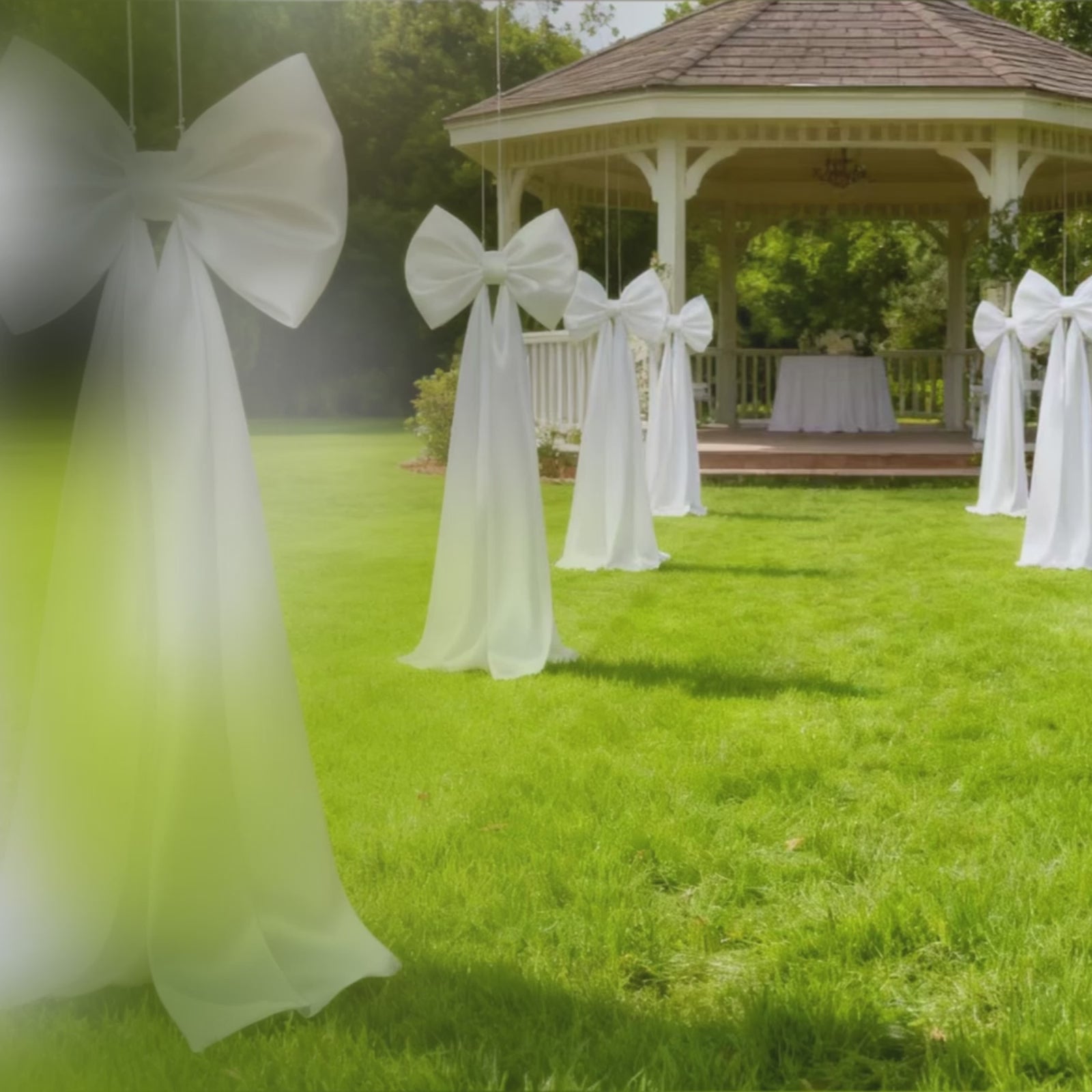 Giant white bow tie décor for wedding and event backdrops.