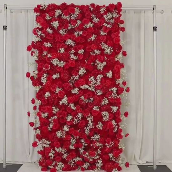 Red silk rose wall panel backdrop with baby's breath, 8ftx4ft.
