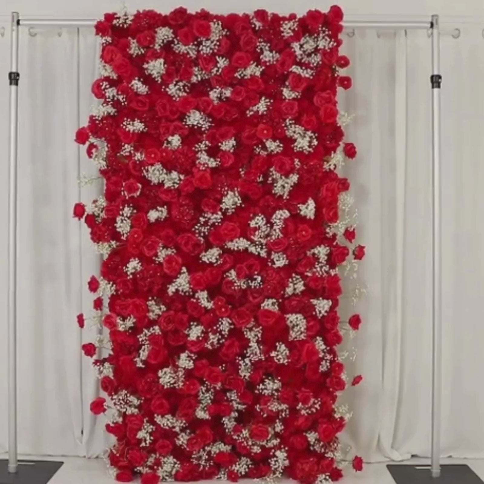 Red silk rose wall panel backdrop with baby's breath, 8ftx4ft.