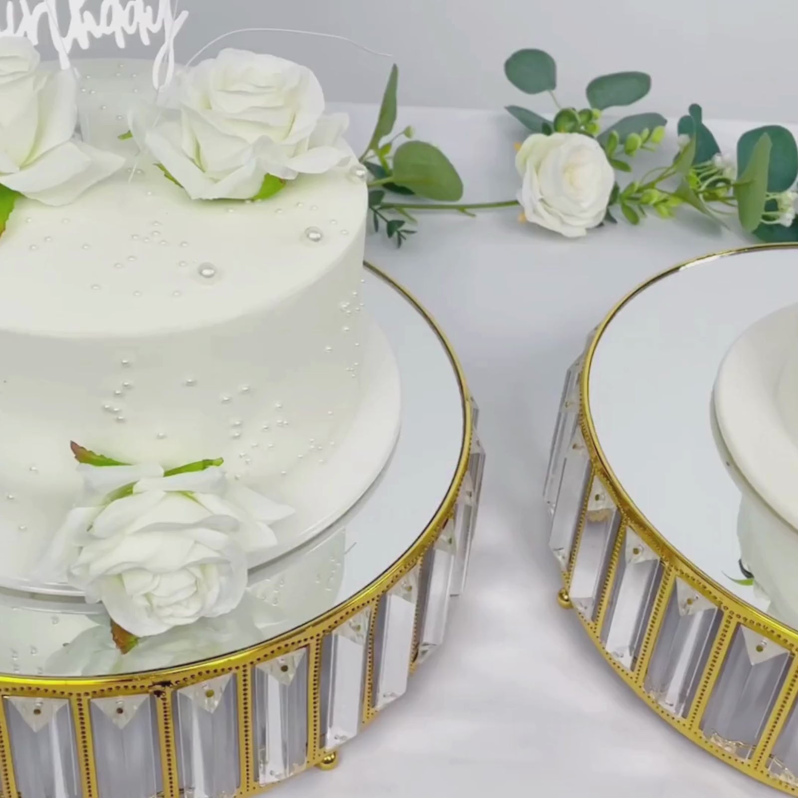 Gold metal crystal pendant cake stands with mirror tops, stackable dessert display trays.