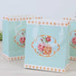 12-Pack Favor Bags Vintage Rose Floral Tea Party, Turquoise Paper Goodie Gift Bags with Ribbon Handles, 6"x7"x3"