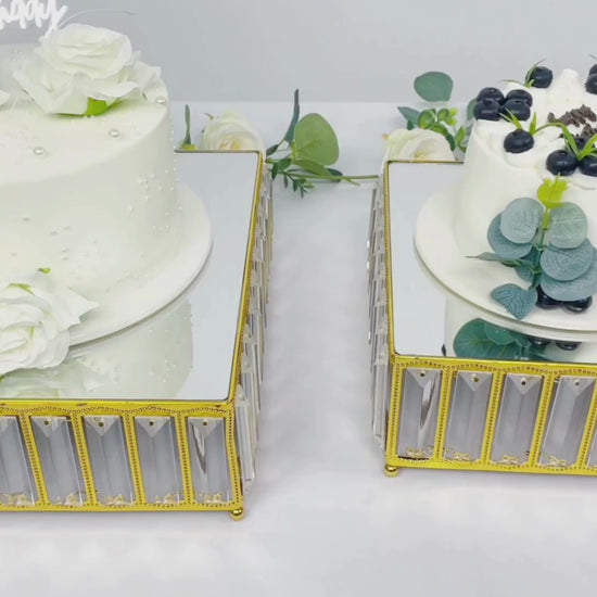 Gold metal crystal pendant cake stands with mirror tops, stackable dessert trays.
