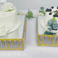 Gold metal crystal pendant cake stands with mirror tops, stackable dessert trays.