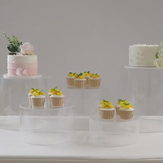 Clear acrylic cake stands set of 5, cylinder design, for elegant event displays.