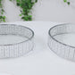 14" round silver cake stand with hanging crystal beads and glass top.