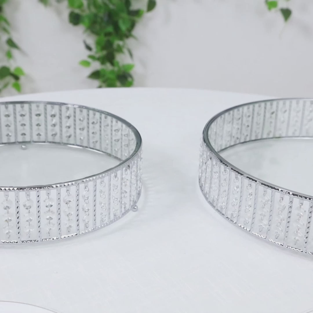 14" round silver cake stand with hanging crystal beads and glass top.