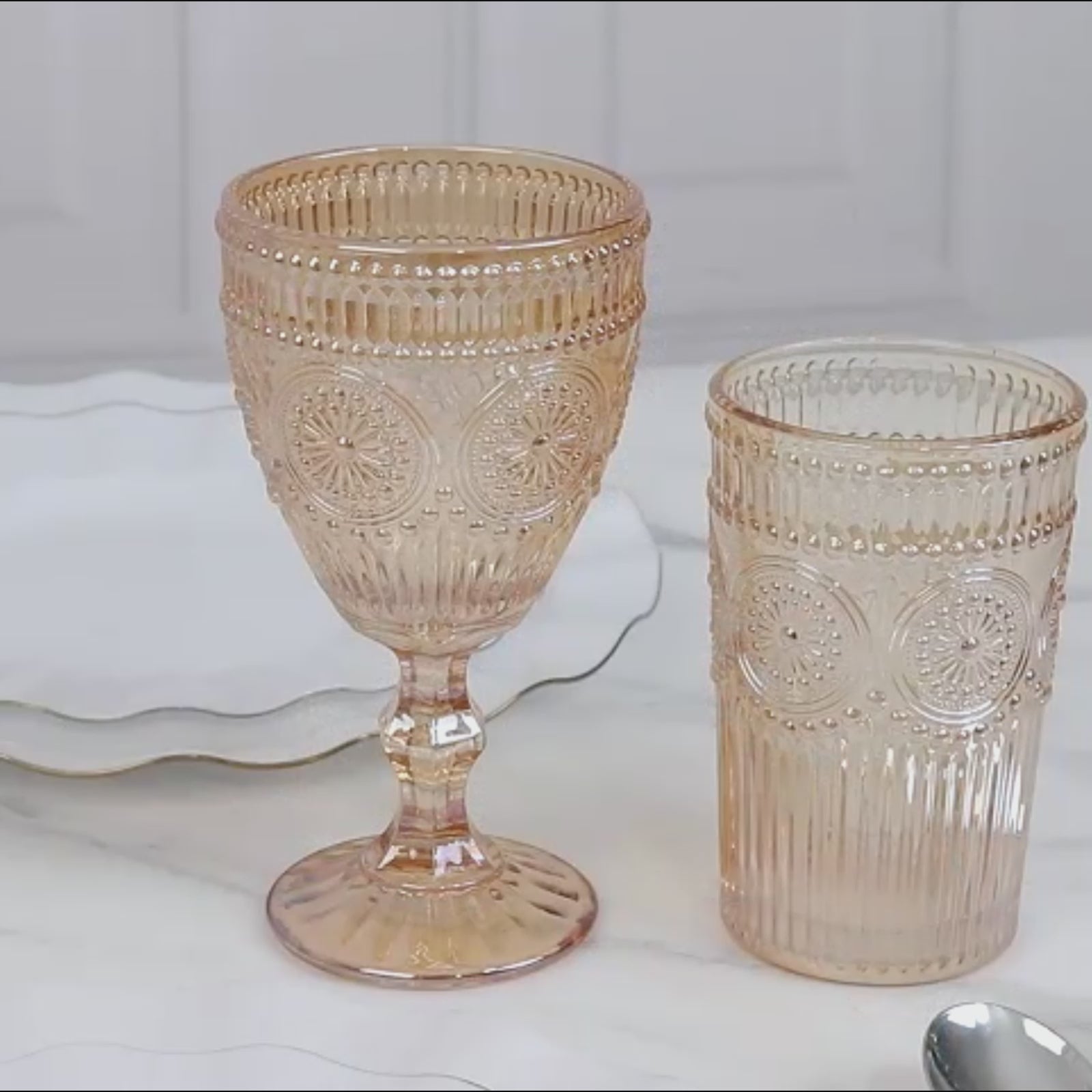 Amber vintage goblet set with floral design, perfect for cocktails and wine.
