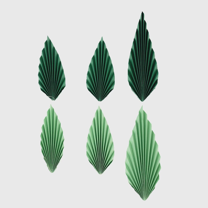 Set of 6 mixed green leaves paper fans for tropical party decor.