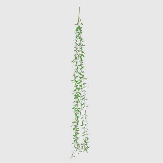Green artificial hanging vines with weeping willow leaves for wall decor.