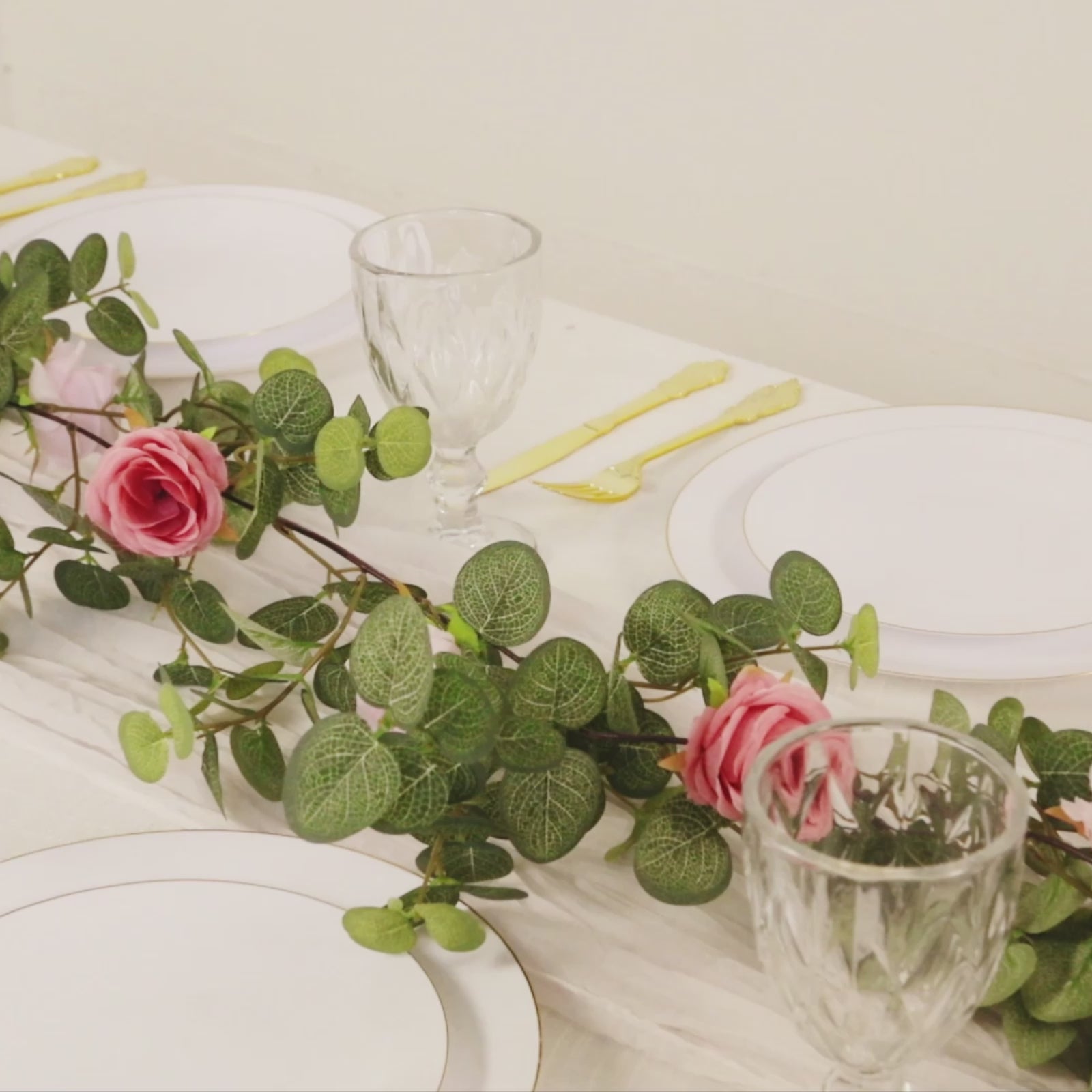 6ft Eucalyptus garland with blush silk roses on a dining table setting
