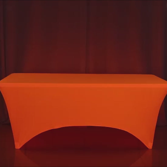 Glow Neon Orange Fitted Spandex Tablecloth on a 6ft rectangle table.