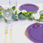10-Pack Plastic 10" Round Dinner Plates in Purple with Gold Leaf Embossed Rim - Disposable Vintage Baroque Style Plates