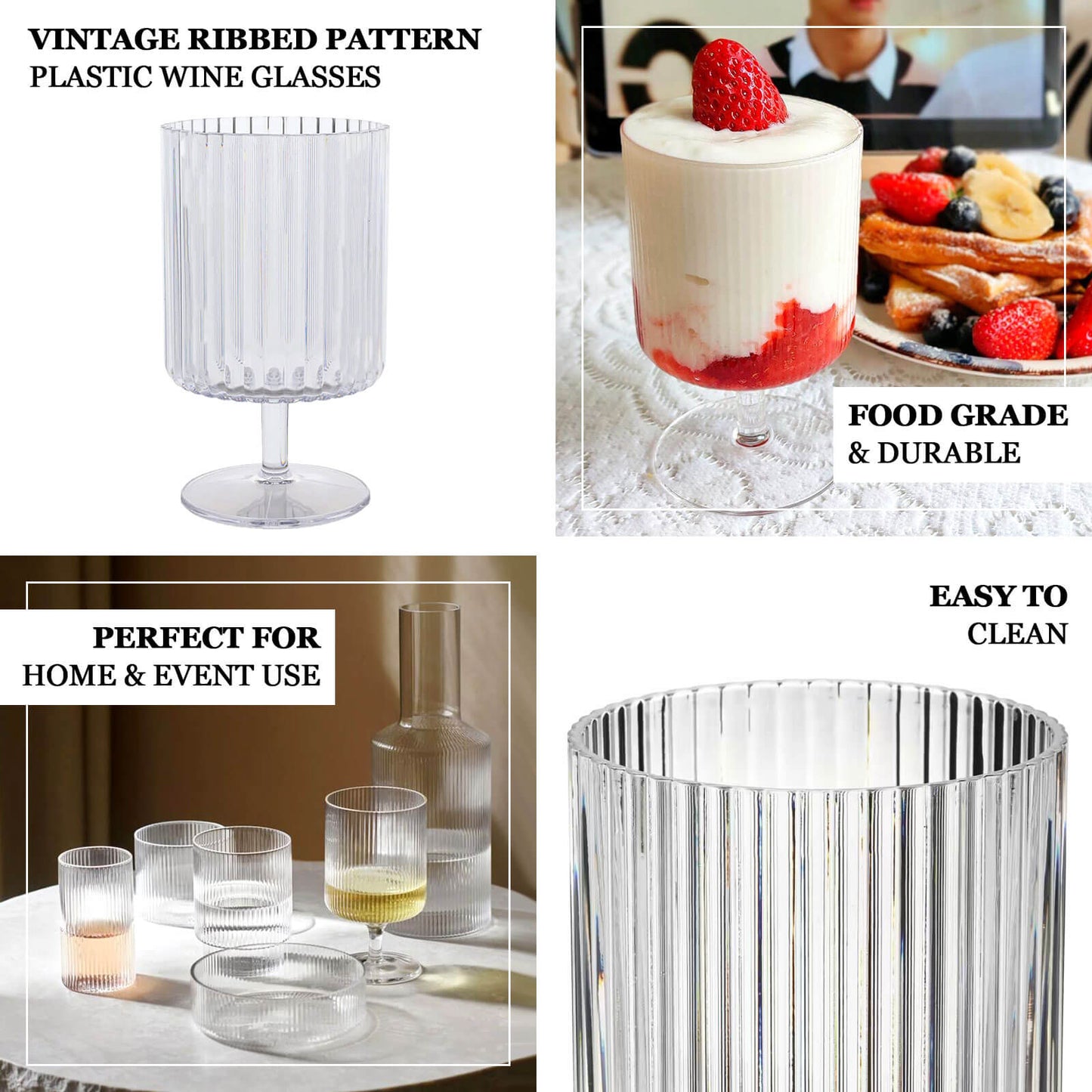 12 Pack Clear Reusable Plastic Wine Goblets with Vintage Ribbed Pattern, 12oz Short Stemmed Shatterproof Water Goblet Cocktail Glasses - 5.5"