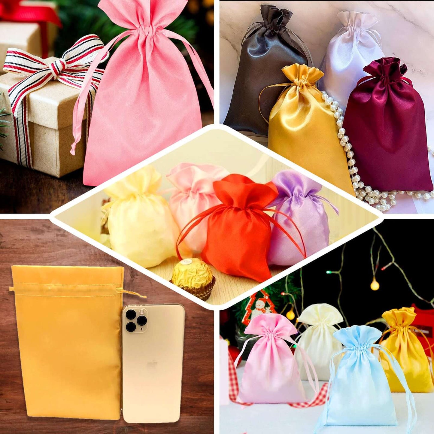Yellow satin drawstring gift bags for weddings and parties.