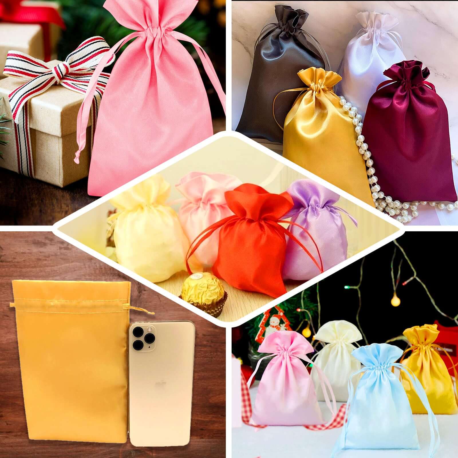 Yellow satin drawstring gift bags for weddings and parties.