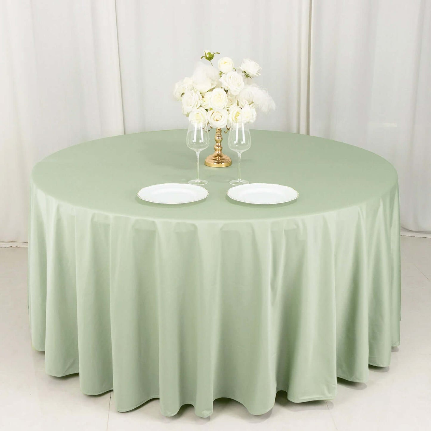 120" Sage Green Scuba Wrinkle Free Round Tablecloth, Seamless Scuba Polyester Tablecloth