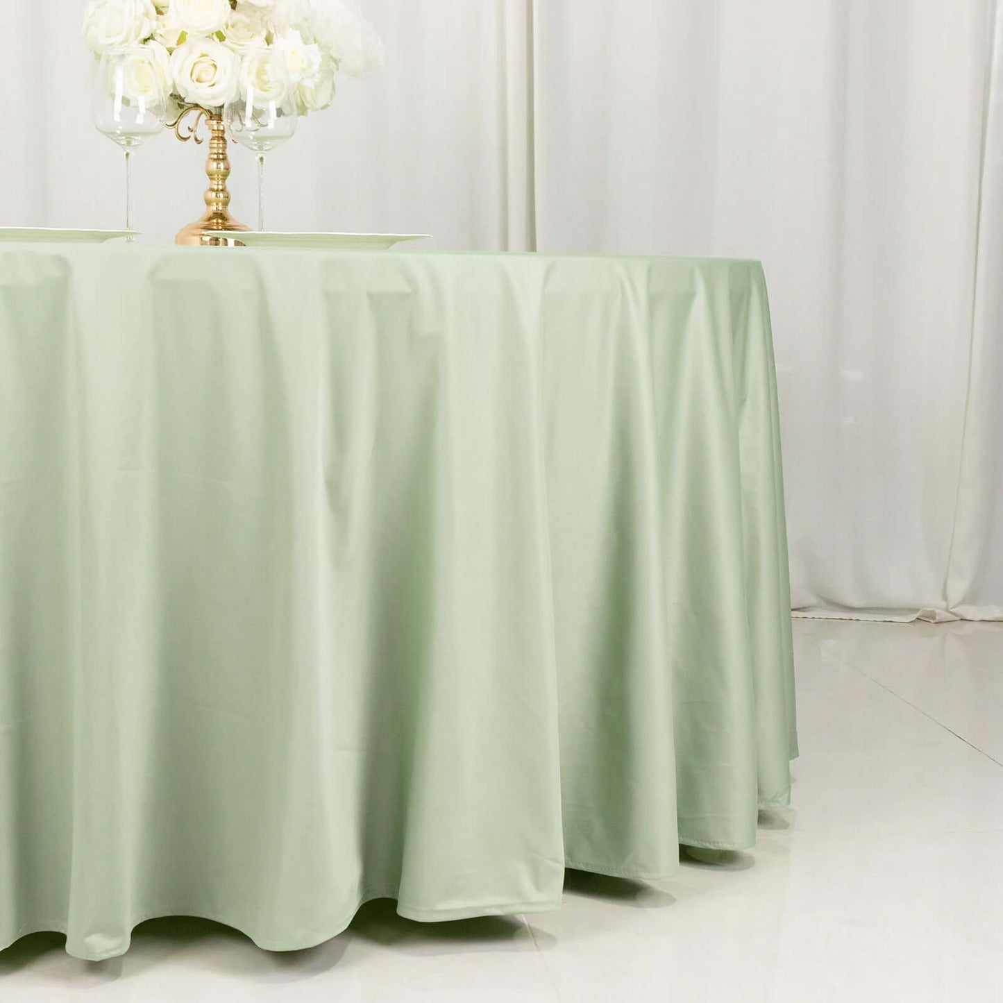 120" Sage Green Scuba Wrinkle Free Round Tablecloth, Seamless Scuba Polyester Tablecloth