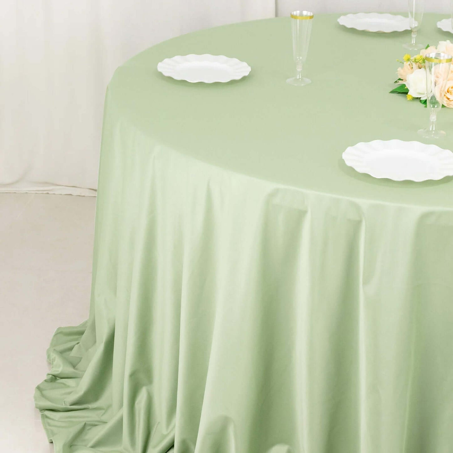 132" Sage Green Scuba Wrinkle Free Round Tablecloth, Seamless Scuba Polyester Tablecloth