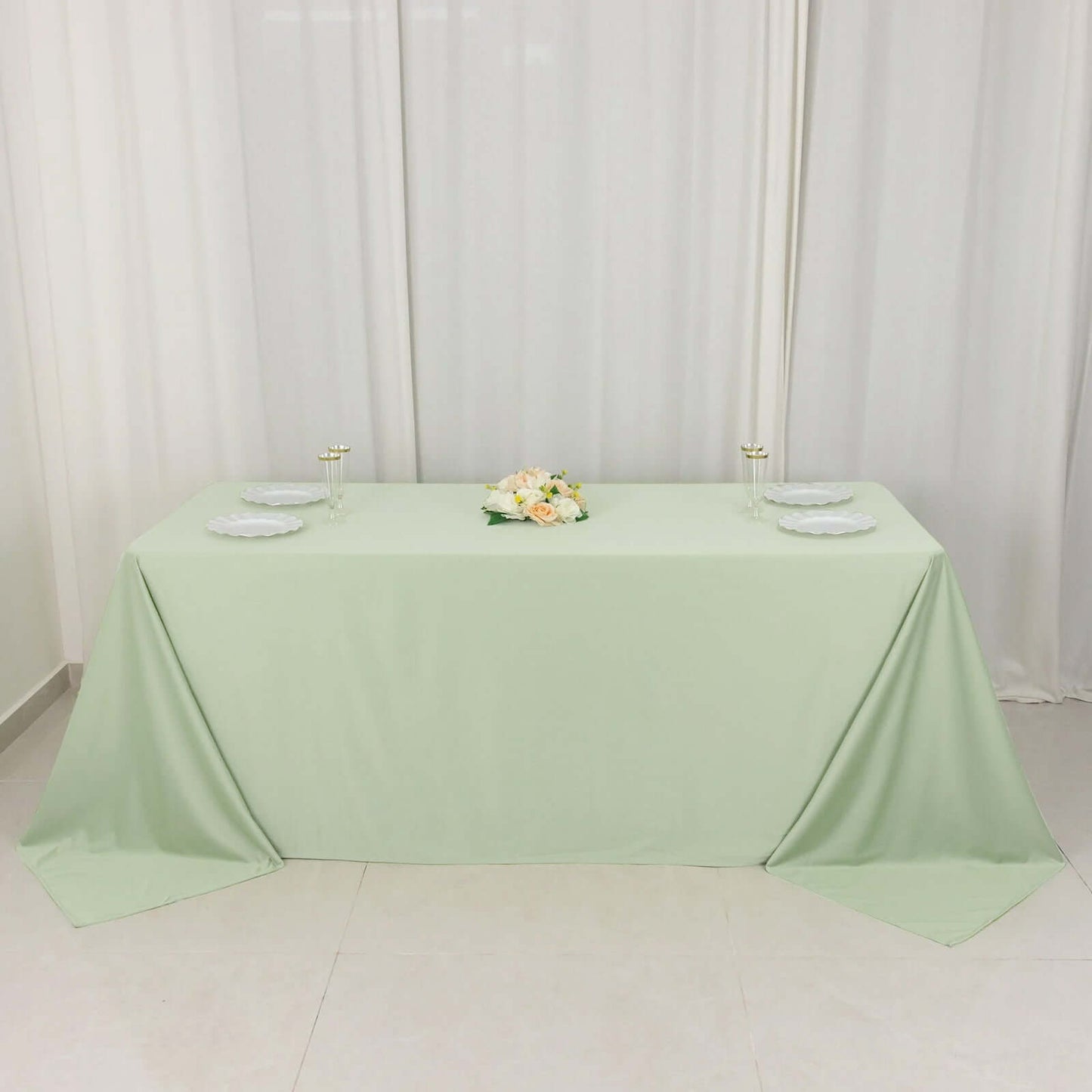 90"x132" Sage Green Scuba Wrinkle Free Rectangular Tablecloth, Seamless Scuba Polyester Tablecloth