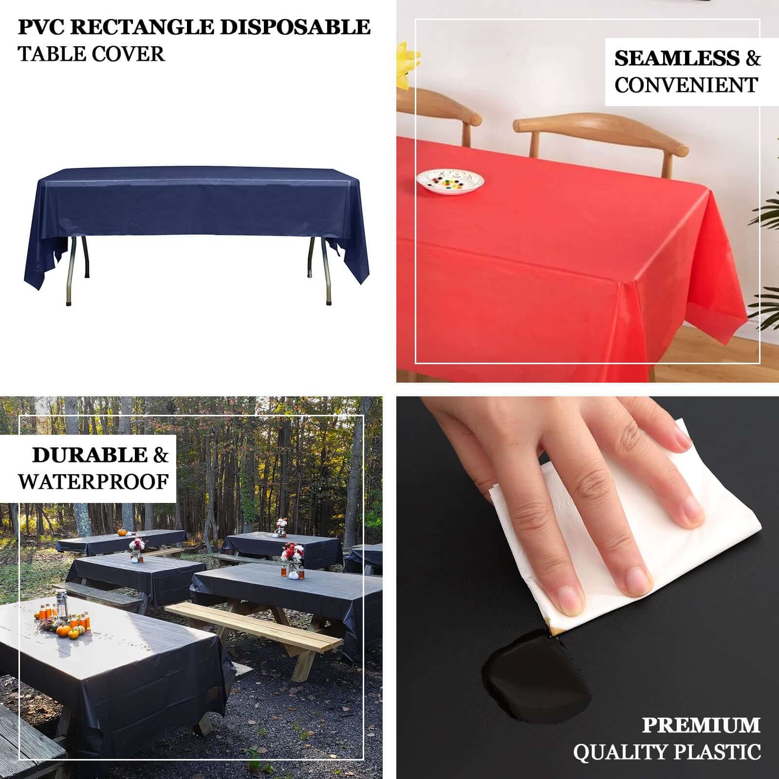 Navy blue PVC rectangular disposable table cover, durable and waterproof.