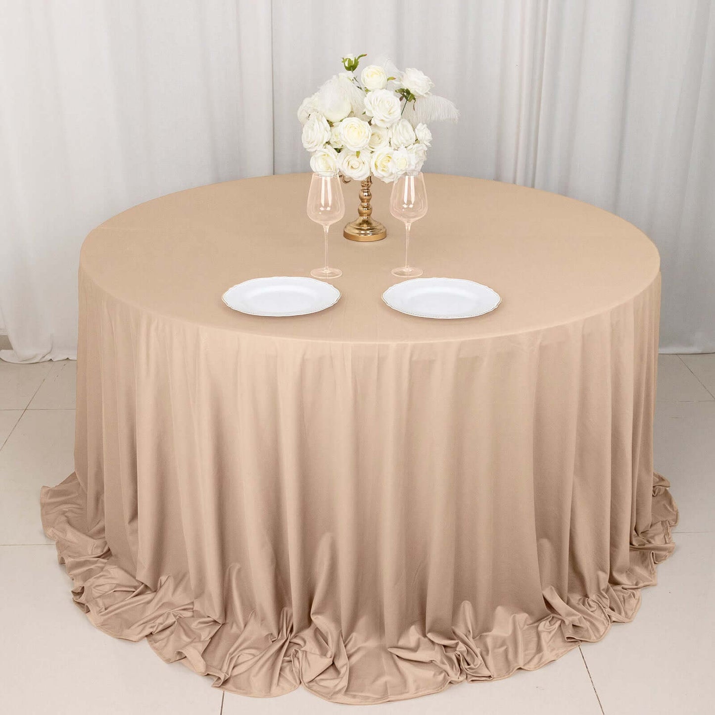 132" Nude Scuba Wrinkle Free Round Tablecloth, Seamless Scuba Polyester Tablecloth