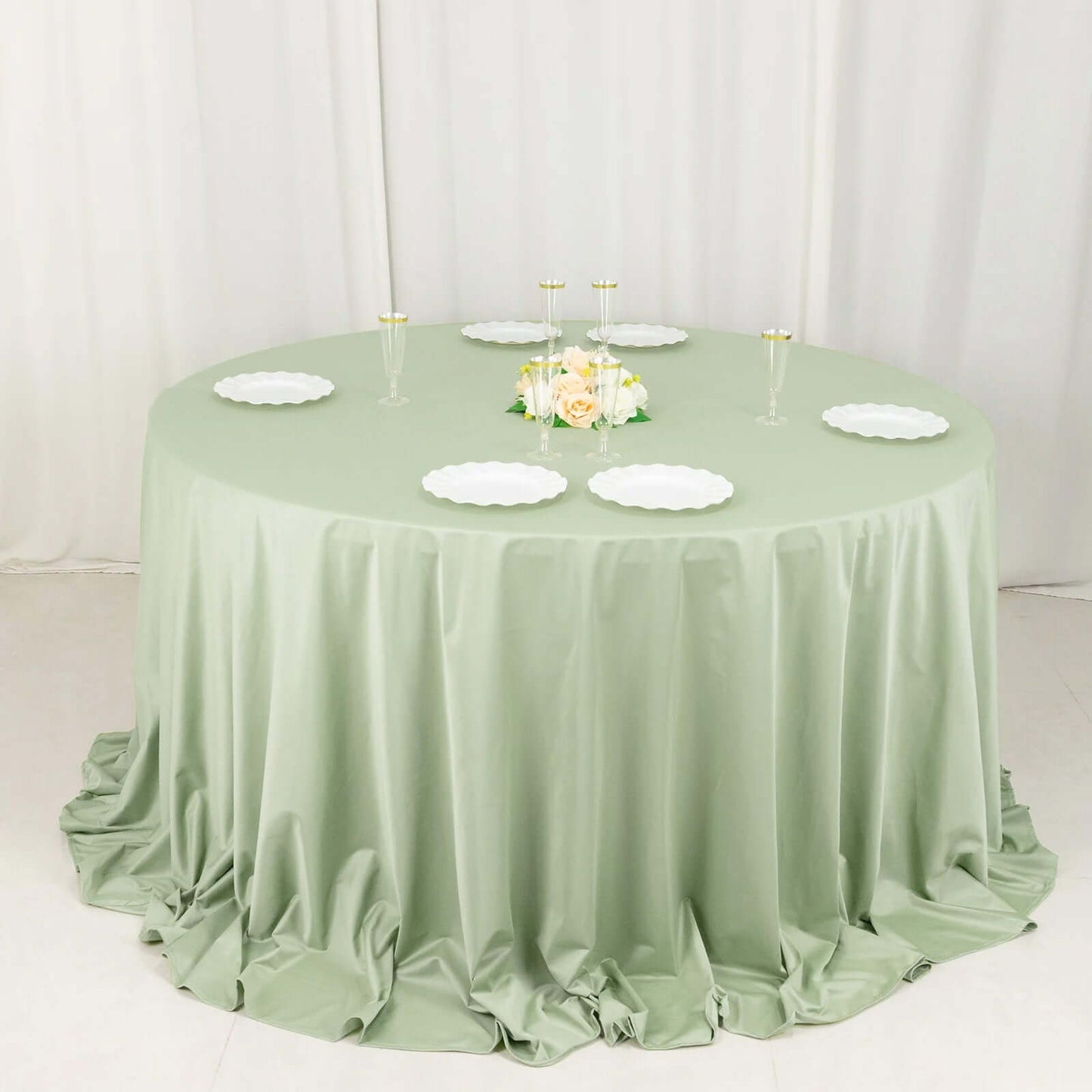 132" Sage Green Scuba Wrinkle Free Round Tablecloth, Seamless Scuba Polyester Tablecloth