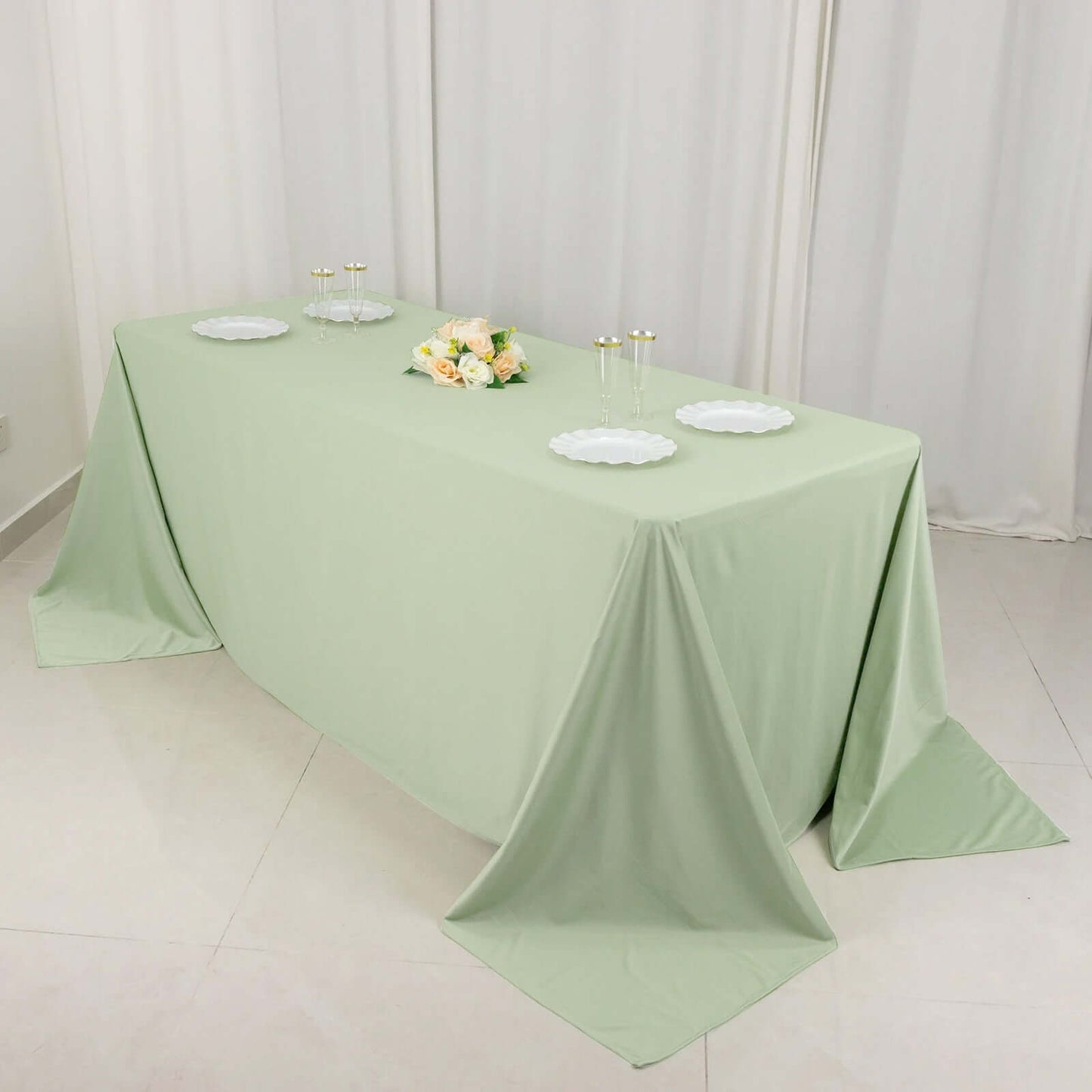 90"x132" Sage Green Scuba Wrinkle Free Rectangular Tablecloth, Seamless Scuba Polyester Tablecloth