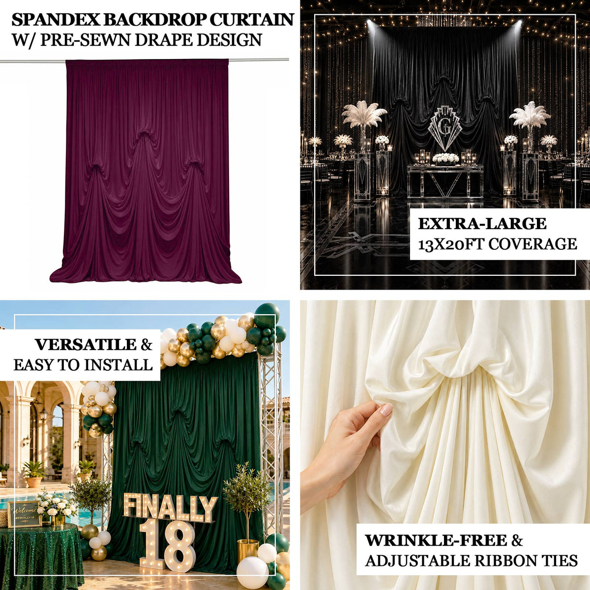 Navy Blue Spandex Pre-Sewn Dramatic Drape Backdrop Curtain – 13ft × 20ft 4-Way Stretch Wrinkle-Free 