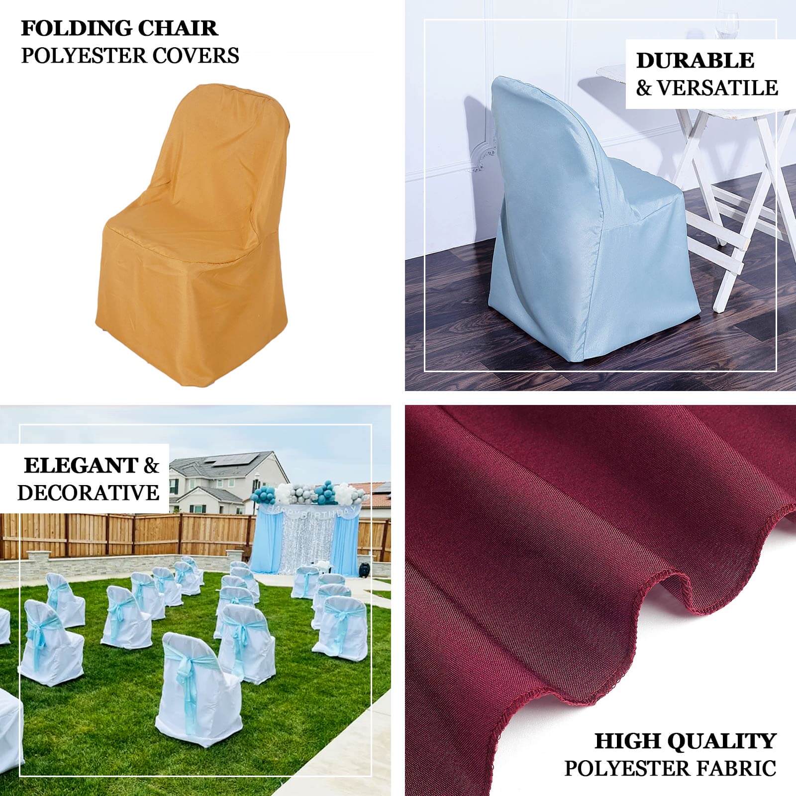 Sage green polyester folding chair covers, reusable and stain resistant.