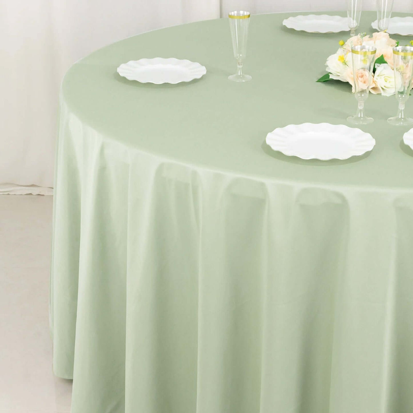 120" Sage Green Scuba Wrinkle Free Round Tablecloth, Seamless Scuba Polyester Tablecloth